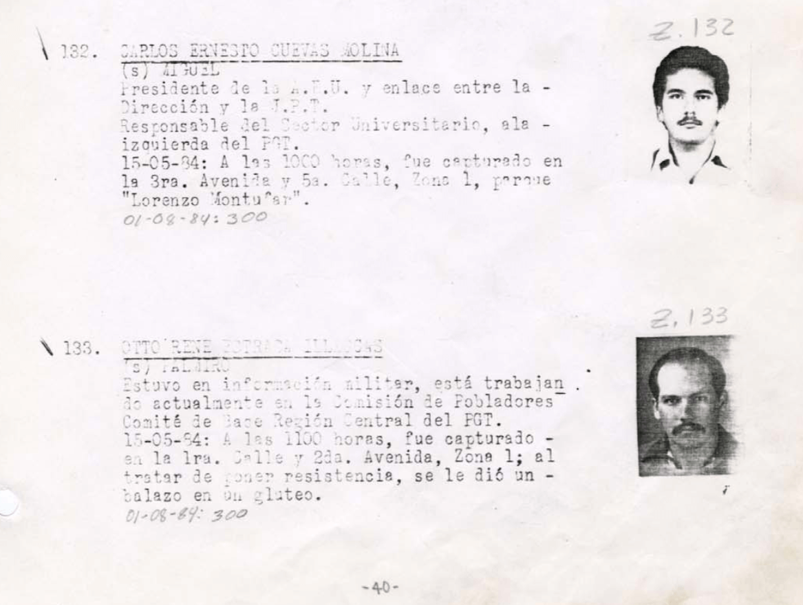  Fragmento del Diario Militar. En la imagen aparecen las fichas de Otto Estrada y Carlos Cuevas. 